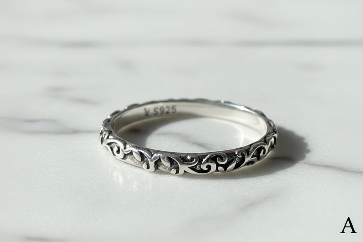 Vintage Embossed Vine Pattern Band Ring for Women, Stackable Engraved Iris Ring
