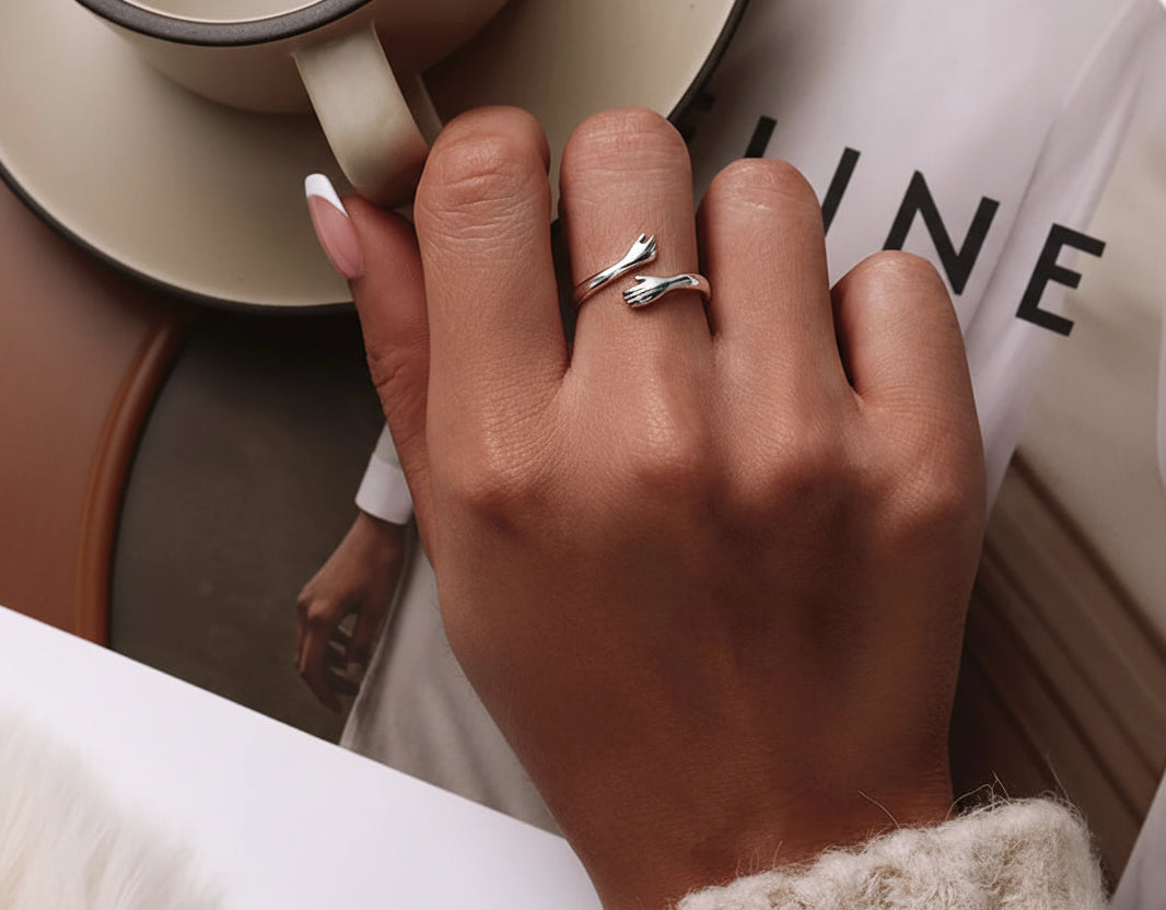 Open Ring Warm Love Hand Adjustable Glossy Ring for Women. Sterling Silver 925