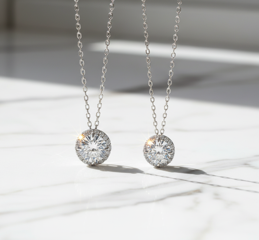 Round Halo Moissanite Necklace, White Gold Plated Classic Elegant Necklace