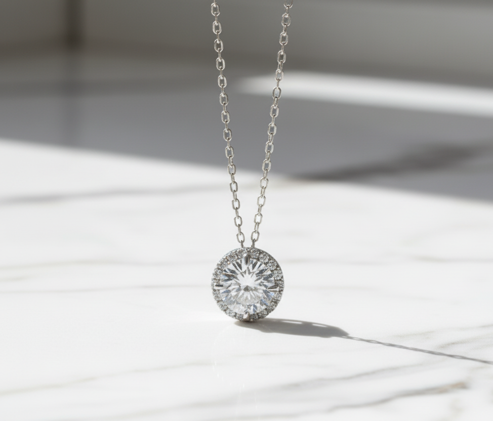 Round Halo Moissanite Necklace, White Gold Plated Classic Elegant Necklace