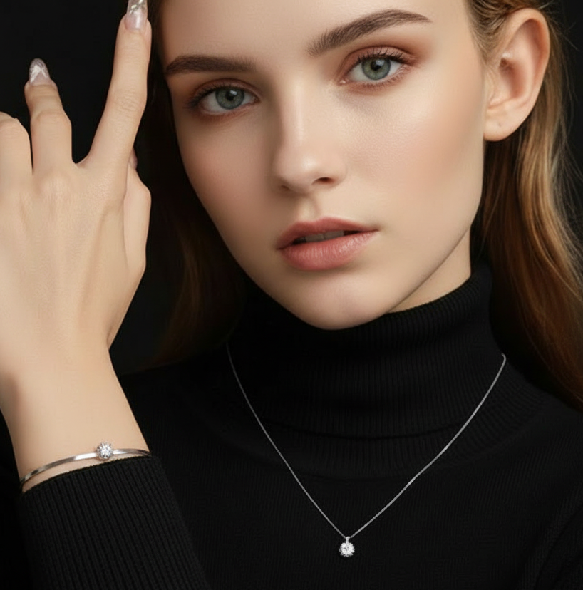 Moissanite Jewelry 4 Set For Women 925 Sterling Silver Plated White Gold