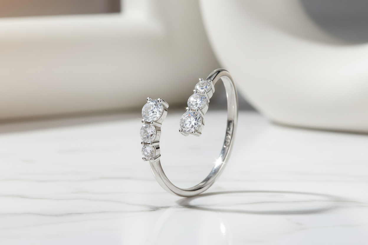 Moissanite White Gold Plated Adjustable Ring 925 Sterling Silver