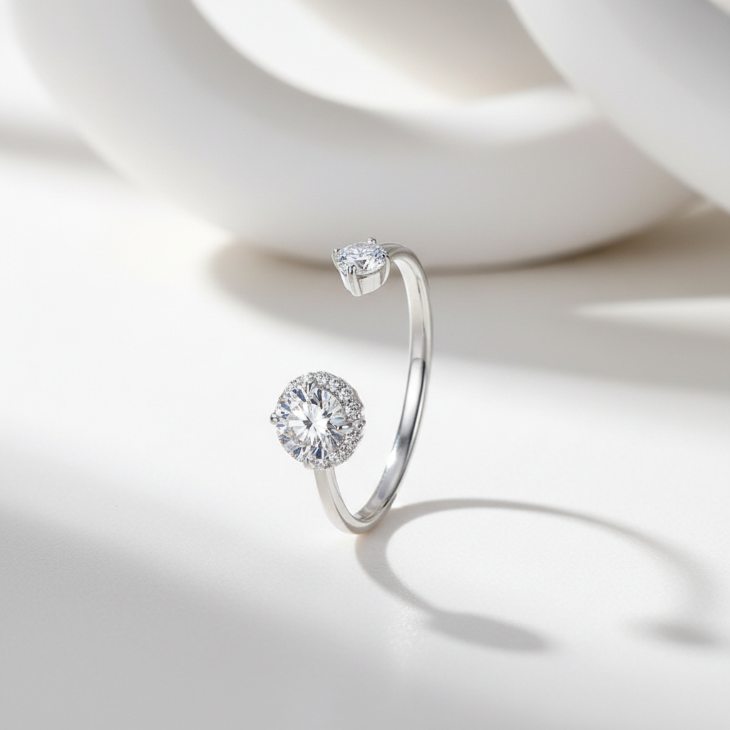 Moissanite White Gold Plated Adjustable Ring 925 Sterling Silver. Exquisite Open Ring