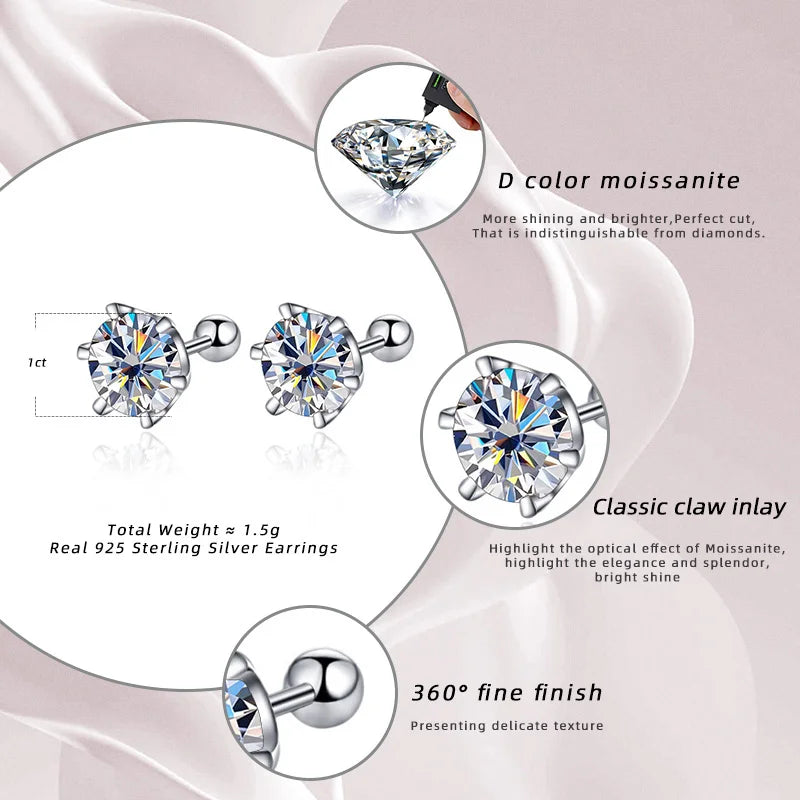 Moissanite Screw Stud Earrings S925 Sterling Silver
