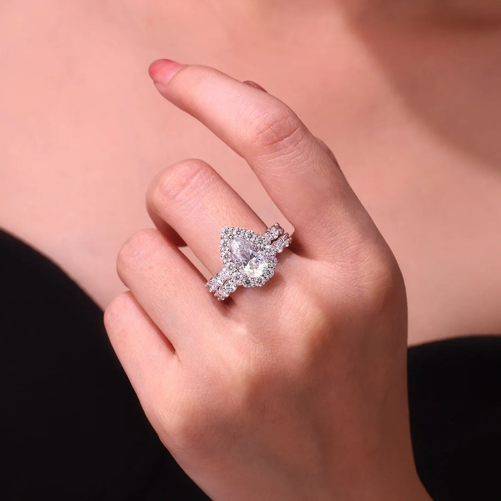 Full Moissanite Engagement Ring. Pear Shape S925 Silver Plated Platinum