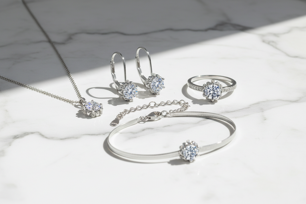 Moissanite Jewelry 4 Set For Women 925 Sterling Silver Plated White Gold