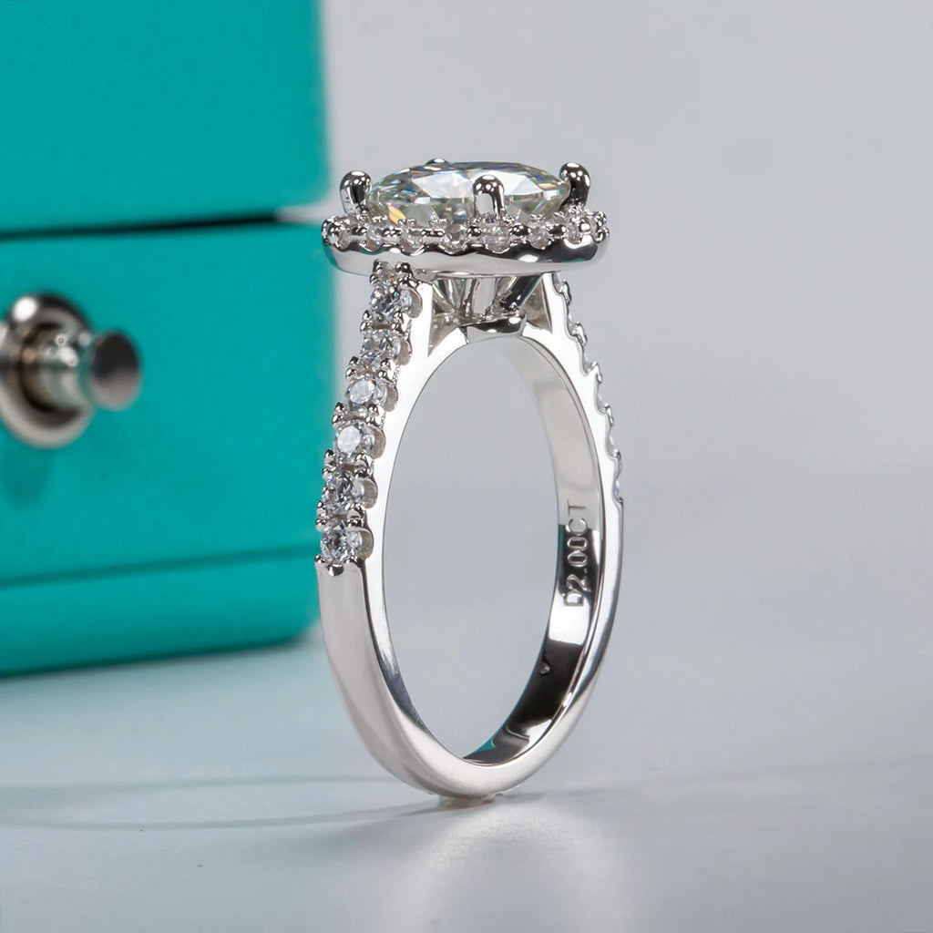 2 Carats D Color Moissanite Halo Engagement Ring For Women 925 Sterling Silver plated white gold