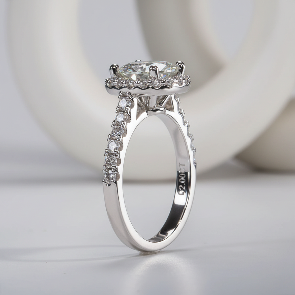 2 Carats D Color Moissanite Halo Engagement Ring For Women 925 Sterling Silver plated white gold