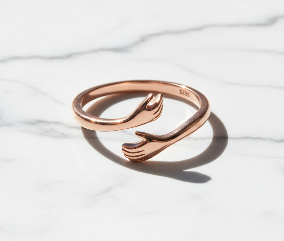 Open Ring Warm Love Hand Adjustable Glossy Ring for Women. Sterling Silver 925
