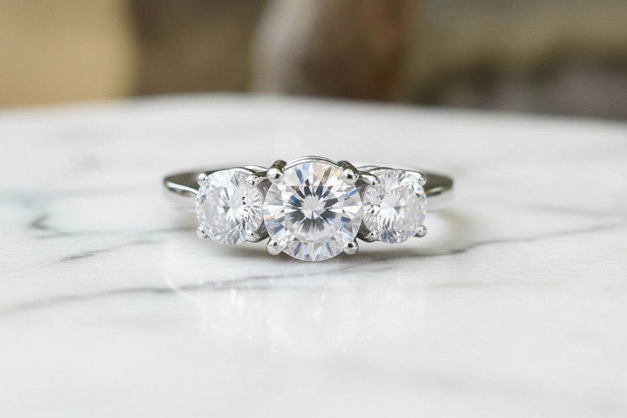 2-4 Crts Moissanite Diamond Ring. Three-Stones With Certificates. Sterling Silver 925 Plated White Gold