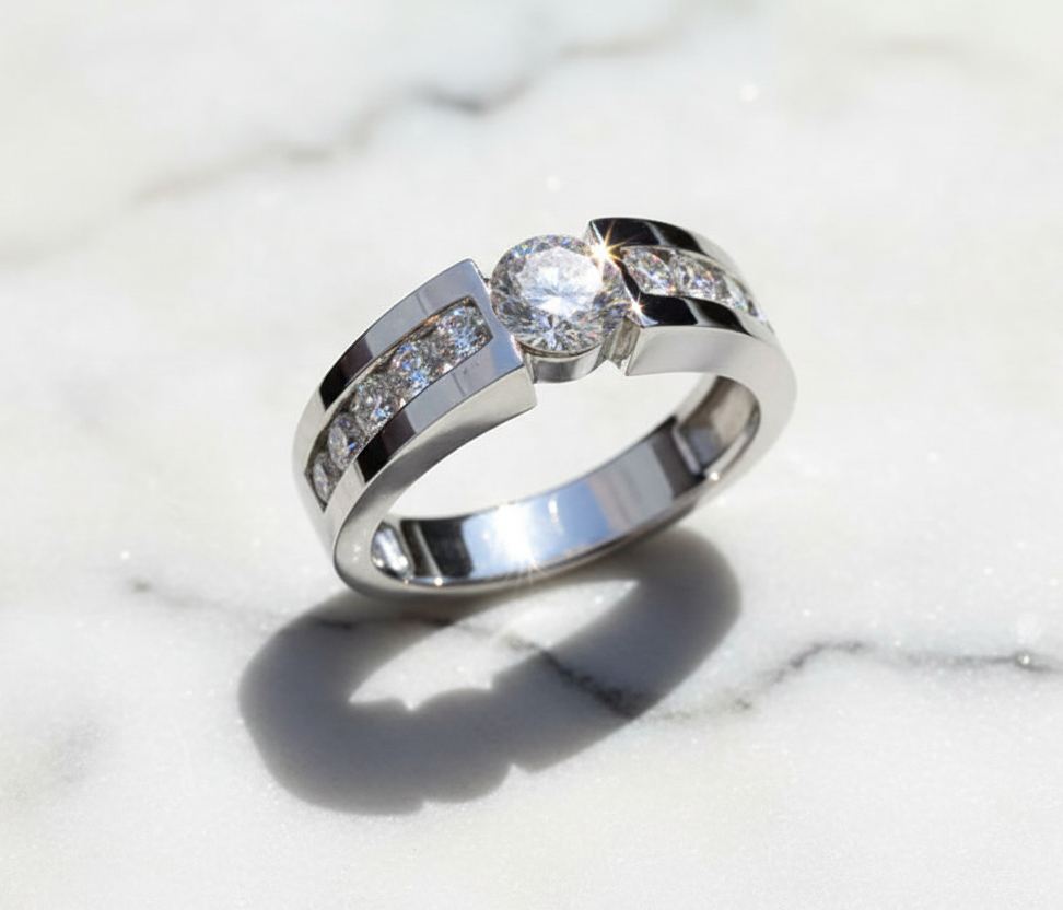 Men Moissanite Ring S925 Sterling Silver Plated White Gold. Round Cut Moissanite Rings for Men/Women. Luxury Full Moissanite Ring