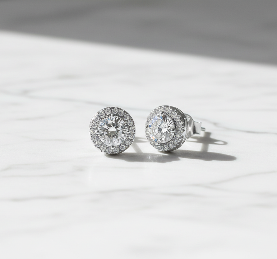 Halo CZ Stud Earrings Hypoallergenic Sterling Silver 925