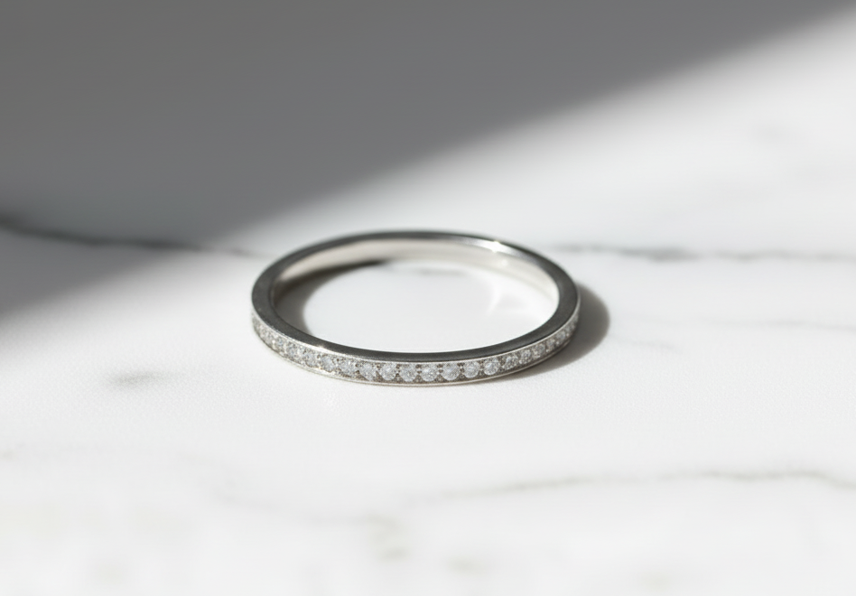Moissanite Wedding Band 925 Sterling Silver Eternity. Platinum Plated
