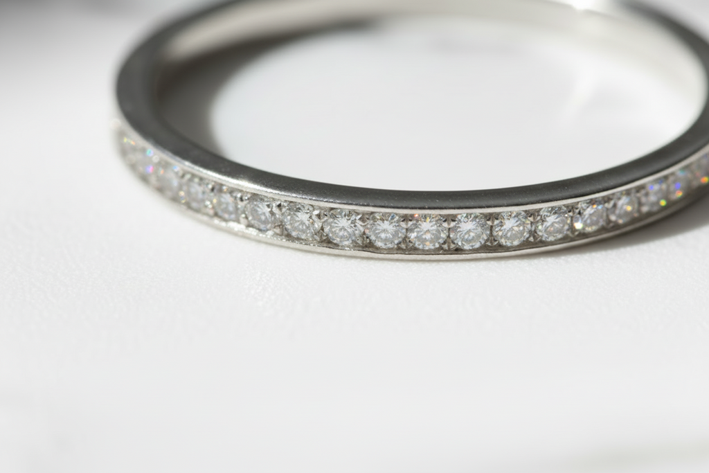 Moissanite Wedding Band 925 Sterling Silver Eternity. Platinum Plated