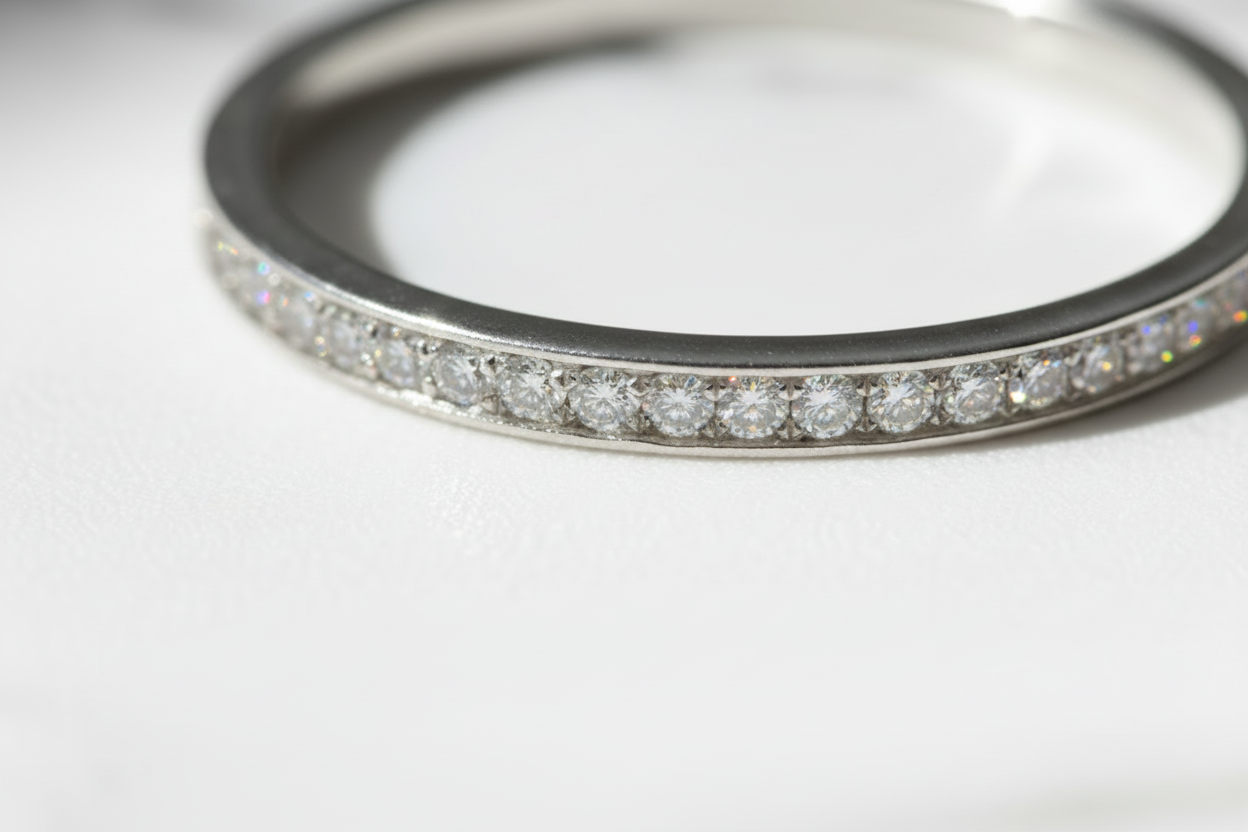 Moissanite Wedding Band 925 Sterling Silver Eternity. Platinum Plated