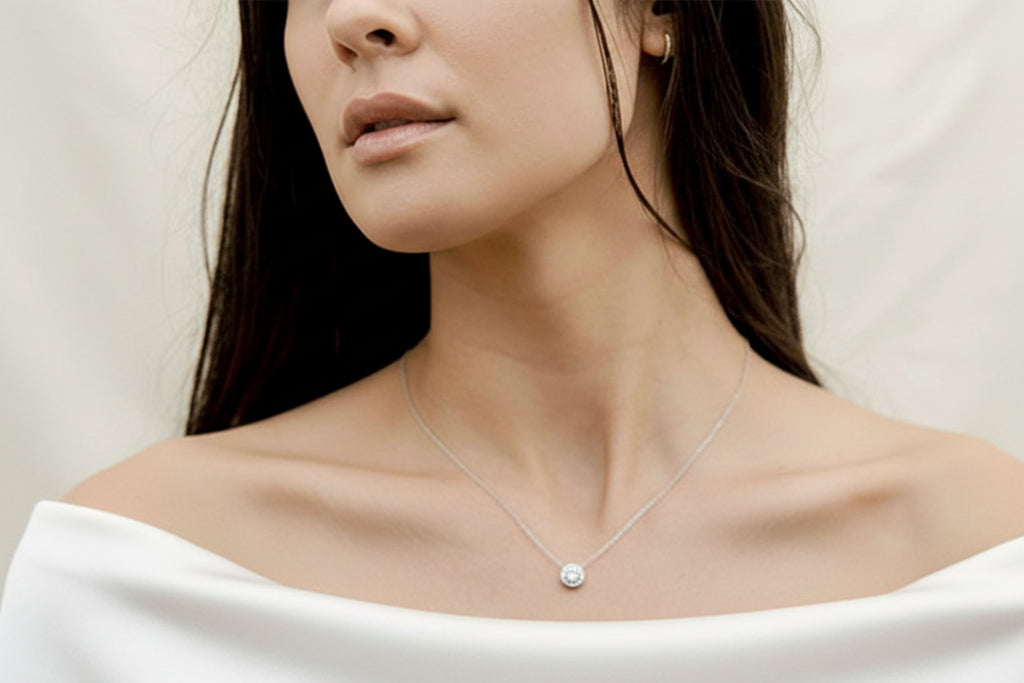 Round Halo Moissanite Necklace, White Gold Plated Classic Elegant Necklace