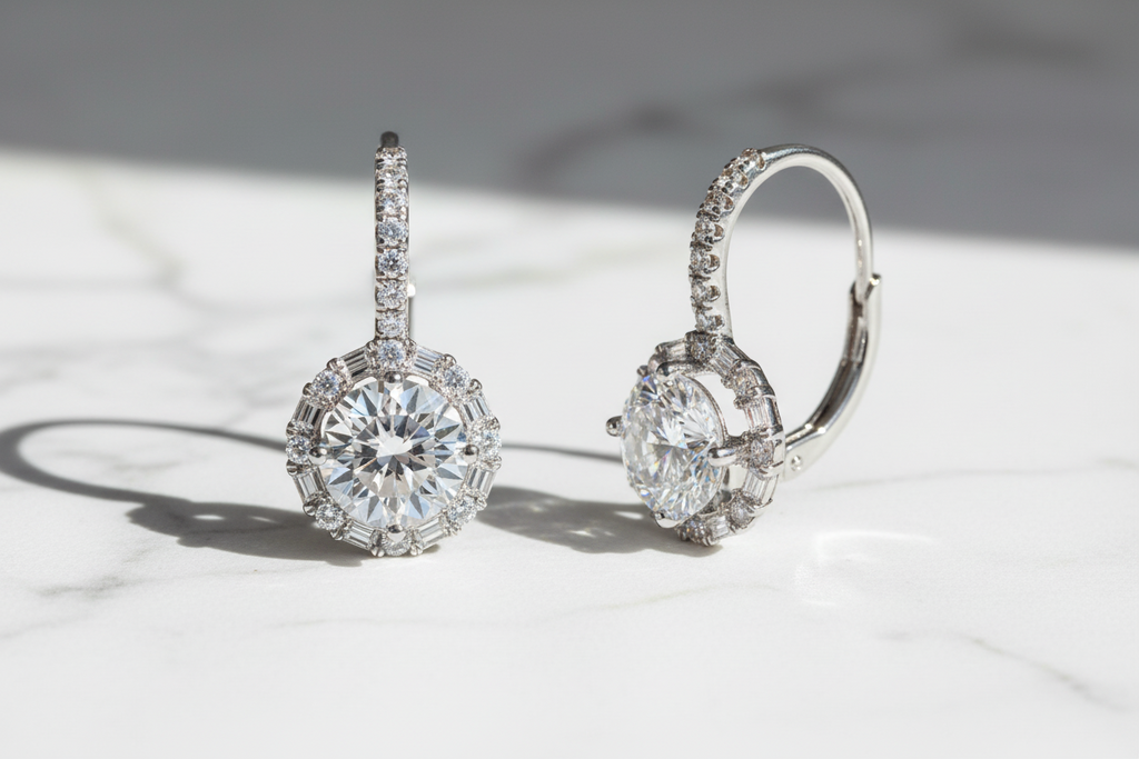 Sterling Silver 925 Simple Round Earrings Plated Platinum. Zircon Gemstones
