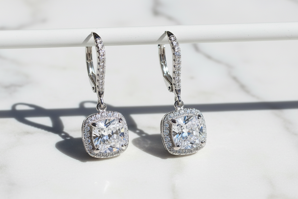 Sterling Silver 925 Simple Round Earrings Plated Platinum. Zircon Gemstones