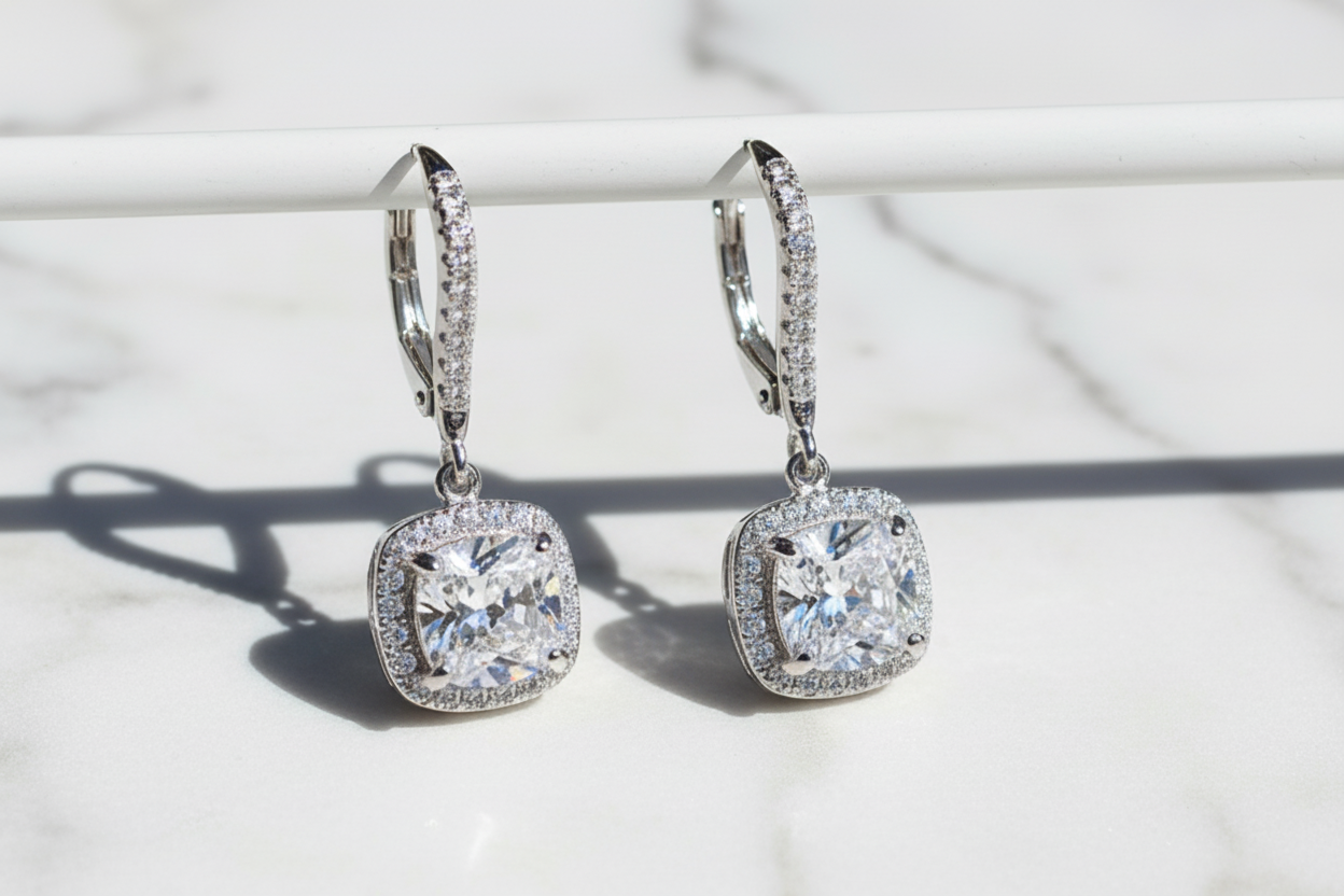 Sterling Silver 925 Simple Round Earrings Plated Platinum. Zircon Gemstones