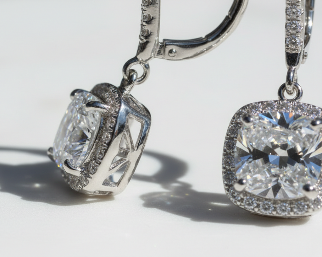 Sterling Silver 925 Simple Round Earrings Plated Platinum. Zircon Gemstones
