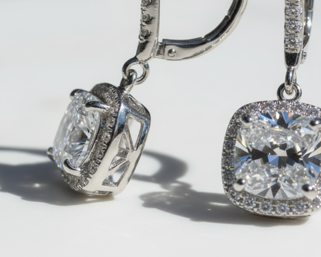 Sterling Silver 925 Simple Round Earrings Plated Platinum. Zircon Gemstones