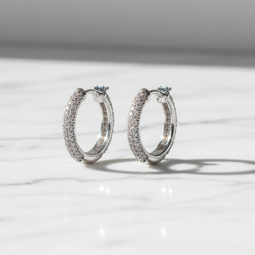 Sterling Silver 925 Simple Round Earrings Plated Platinum. Zircon Gemstones