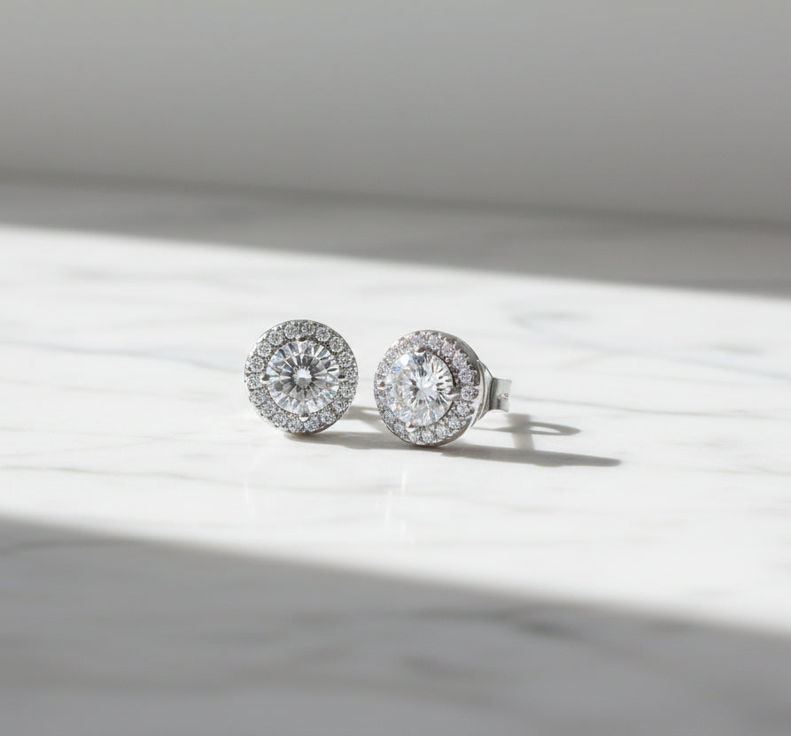 Halo CZ Stud Earrings Hypoallergenic Sterling Silver 925