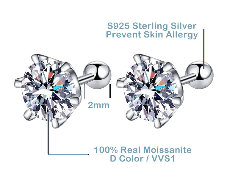 Moissanite Screw Stud Earrings S925 Sterling Silver