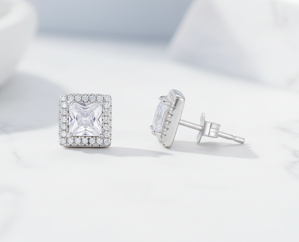 Halo CZ Stud Earrings Hypoallergenic Sterling Silver 925