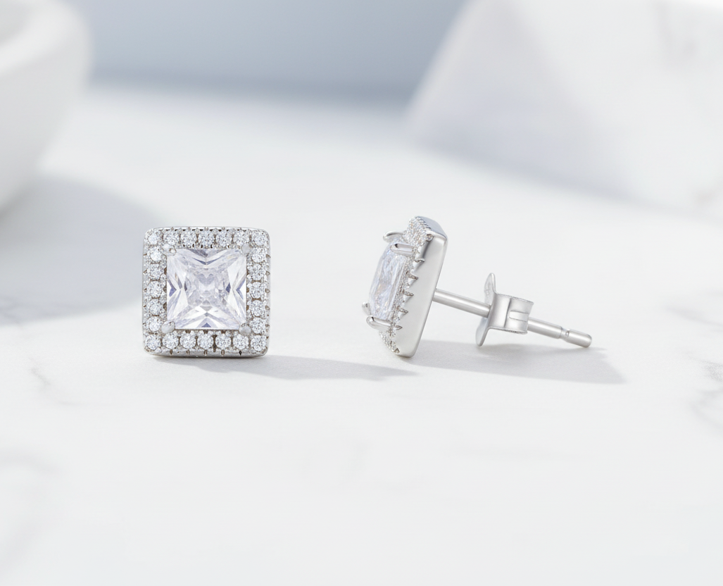 Halo CZ Stud Earrings Hypoallergenic Sterling Silver 925