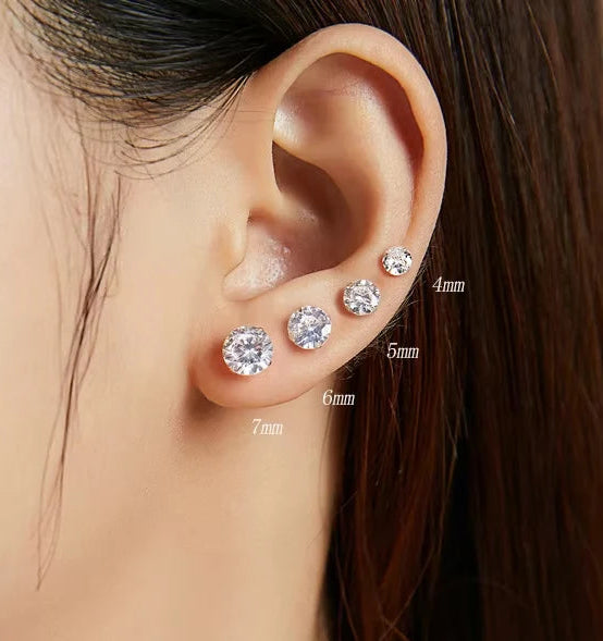 Stud Earrings 925 Sterling Silver Platinum Plated Round Cubic Zirconia Hypoallergenic Barbell Earrings 4-7mm