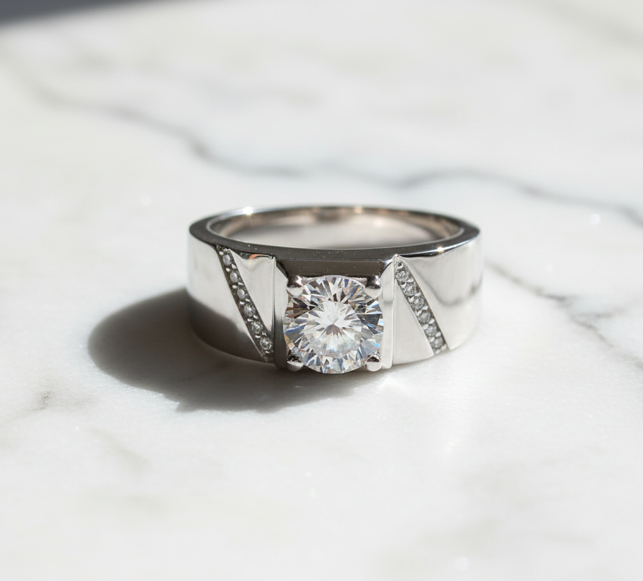 Moissanite Ring for Men 925 Sterling Silver. Classic Round Cut.