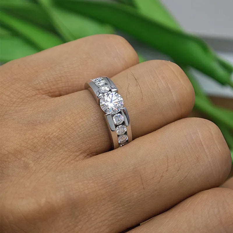 Men Moissanite Ring S925 Sterling Silver Plated White Gold. Round Cut Moissanite Rings for Men/Women. Luxury Full Moissanite Ring