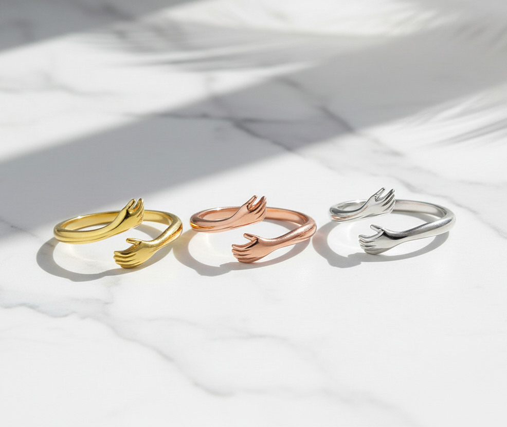 Open Ring Warm Love Hand Adjustable Glossy Ring for Women. Sterling Silver 925