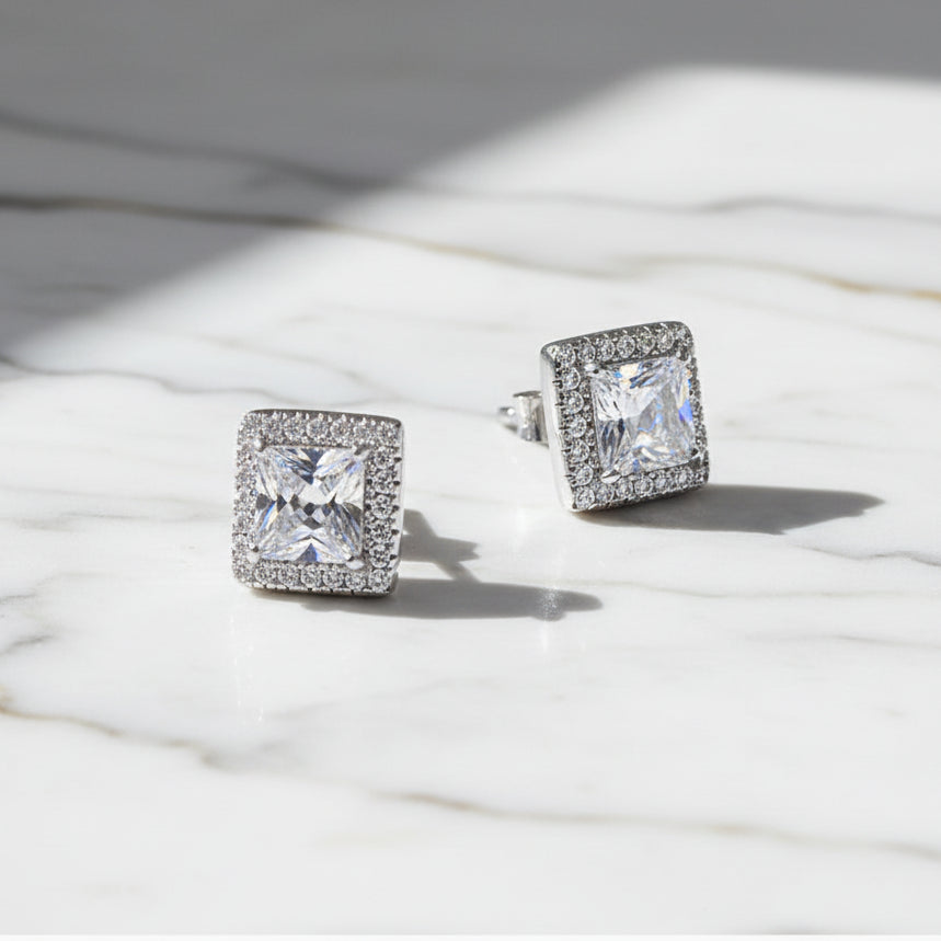 Halo CZ Stud Earrings Hypoallergenic Sterling Silver 925