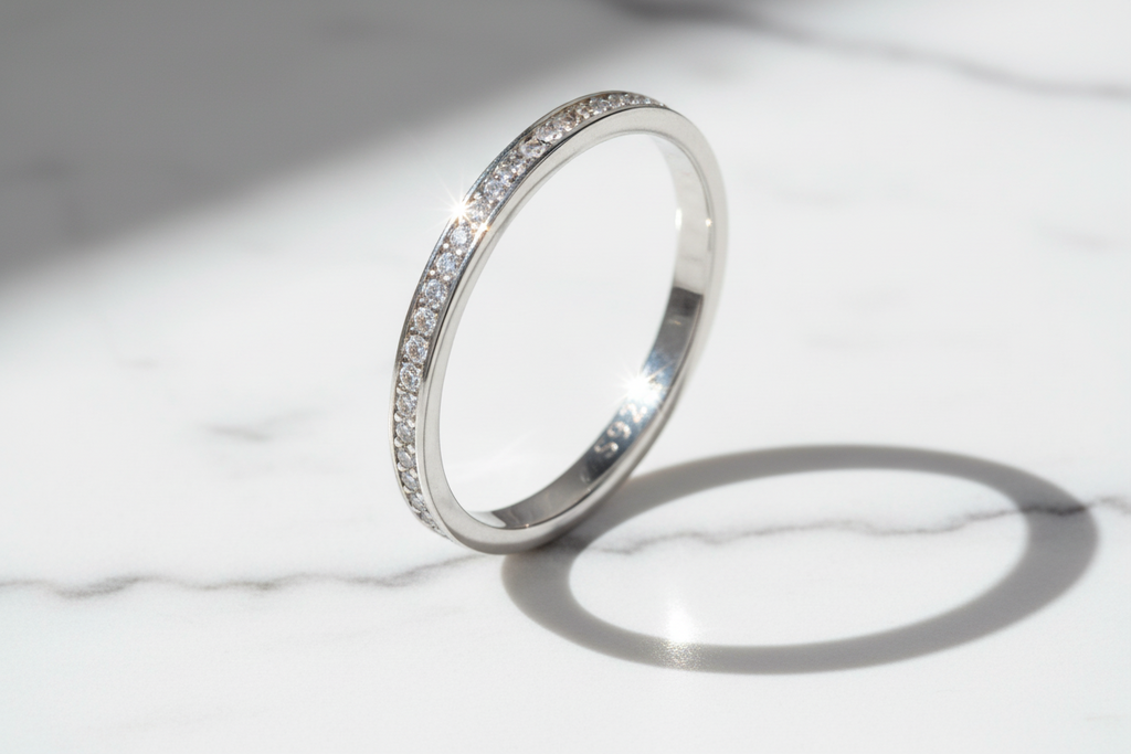 Moissanite Wedding Band 925 Sterling Silver Eternity. Platinum Plated