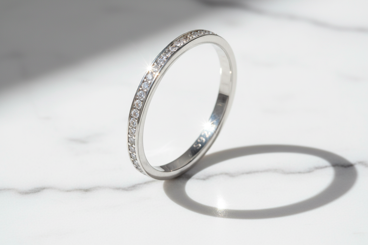 Moissanite Wedding Band 925 Sterling Silver Eternity. Platinum Plated