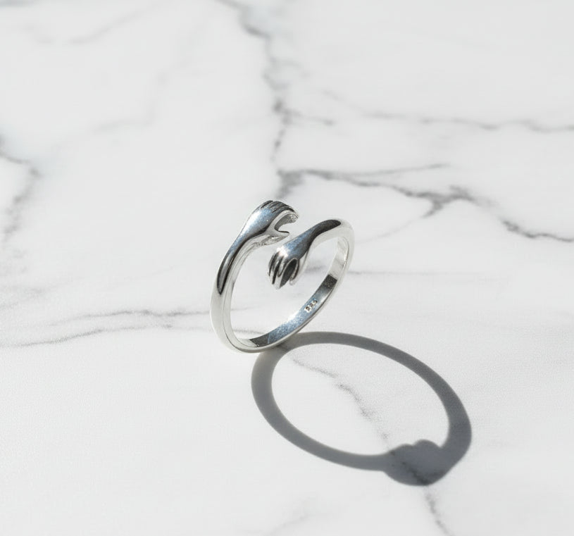 Open Ring Warm Love Hand Adjustable Glossy Ring for Women. Sterling Silver 925