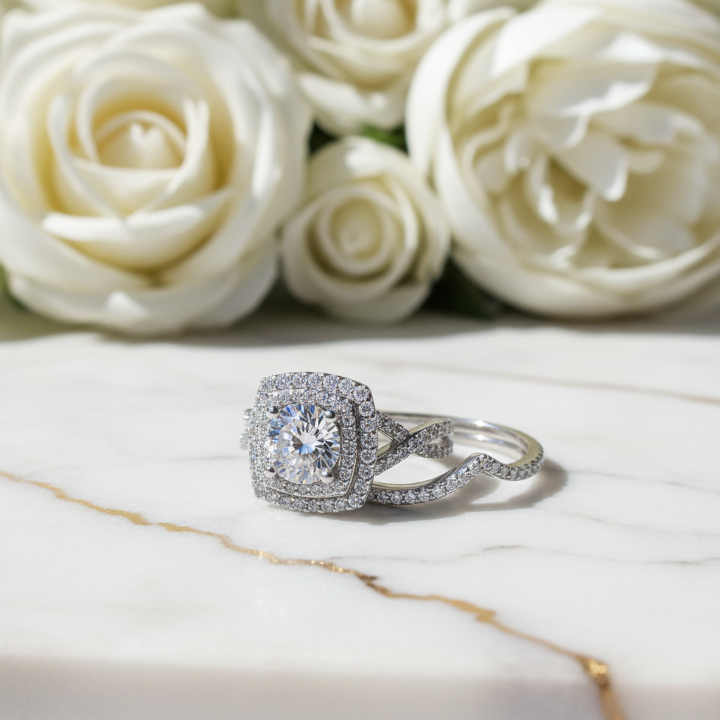 Full Moissanite Engagement Ring Set, S925 Silver Plated Platinum