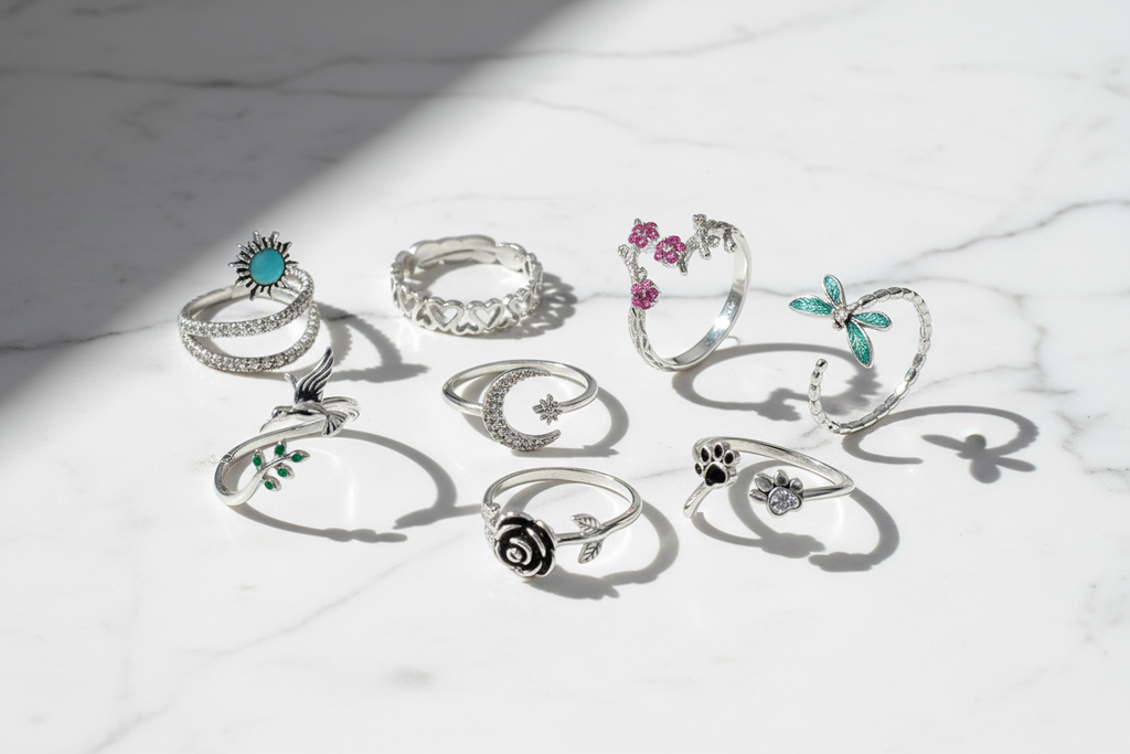 Adjustable Rings 925 Sterling Silver And Zircon Open Size Rings. Plated Gold 18 Carats.
