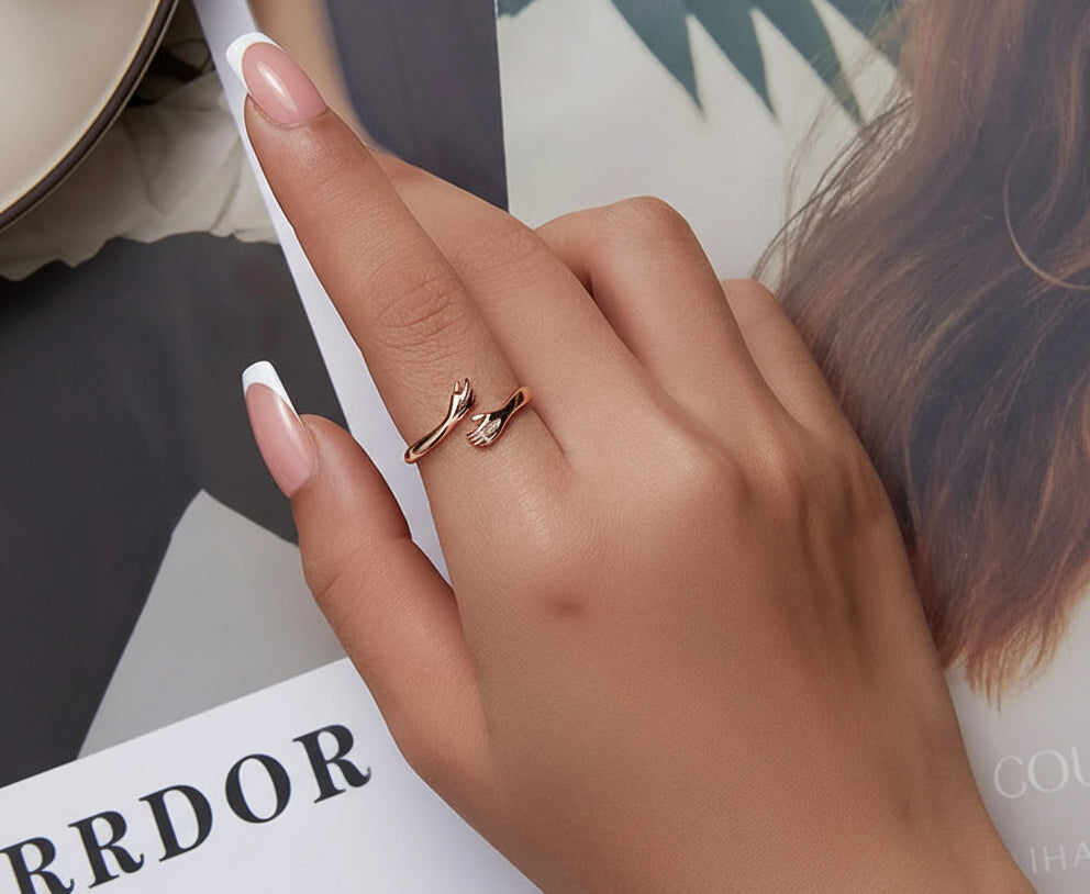 Open Ring Warm Love Hand Adjustable Glossy Ring for Women. Sterling Silver 925