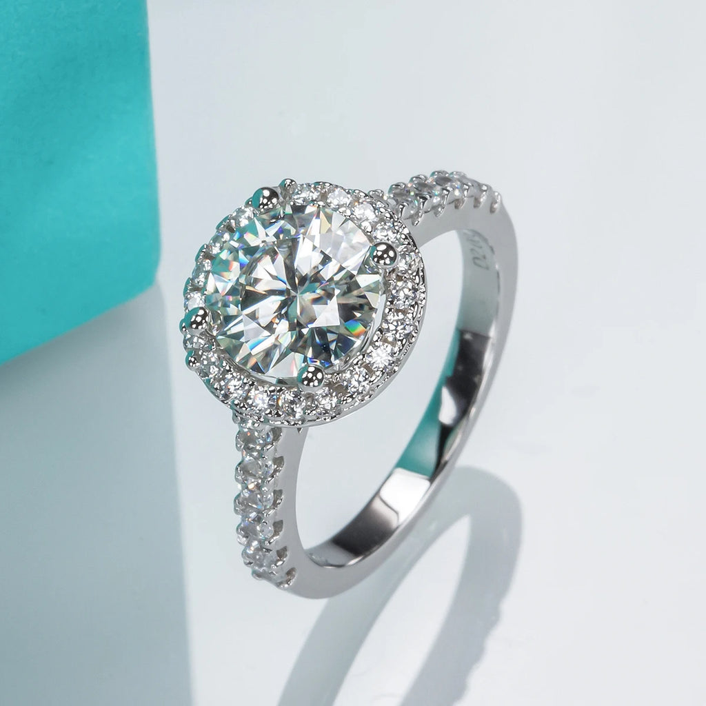2 Carats D Color Moissanite Halo Engagement Ring For Women 925 Sterling Silver plated white gold