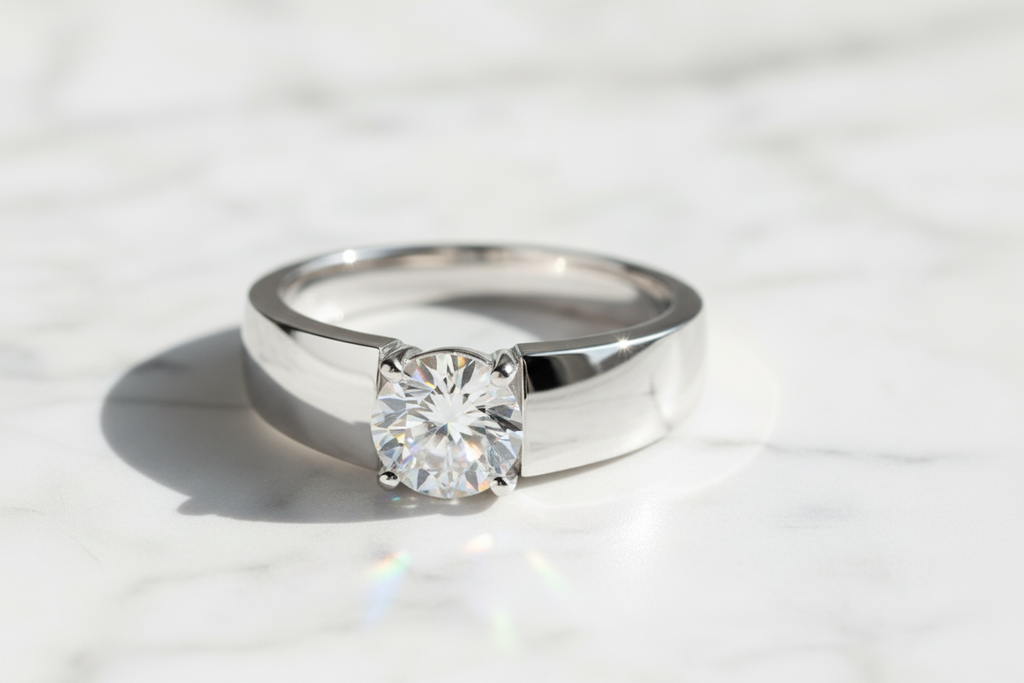 Moissanite Ring for Men/Women 925 Sterling Silver Plated White Gold. Classic Round Cut.