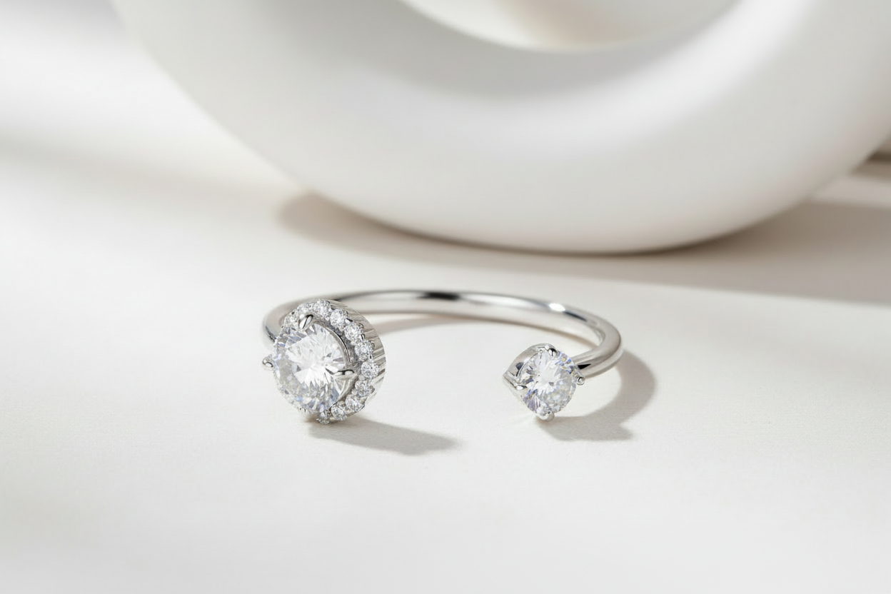 Moissanite White Gold Plated Adjustable Ring 925 Sterling Silver. Exquisite Open Ring