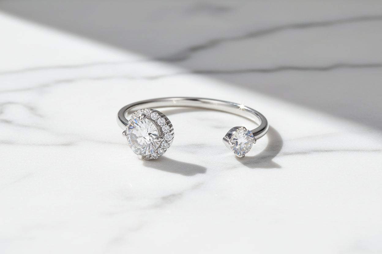 Moissanite White Gold Plated Adjustable Ring 925 Sterling Silver. Exquisite Open Ring