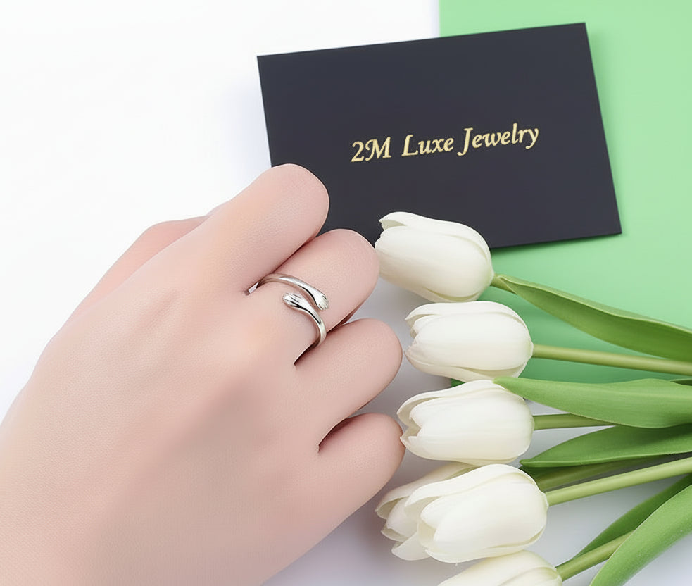 Open Ring Warm Love Hand Adjustable Glossy Ring for Women. Sterling Silver 925