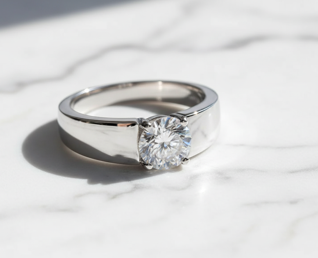 Moissanite Ring for Men/Women 925 Sterling Silver Plated White Gold. Classic Round Cut.