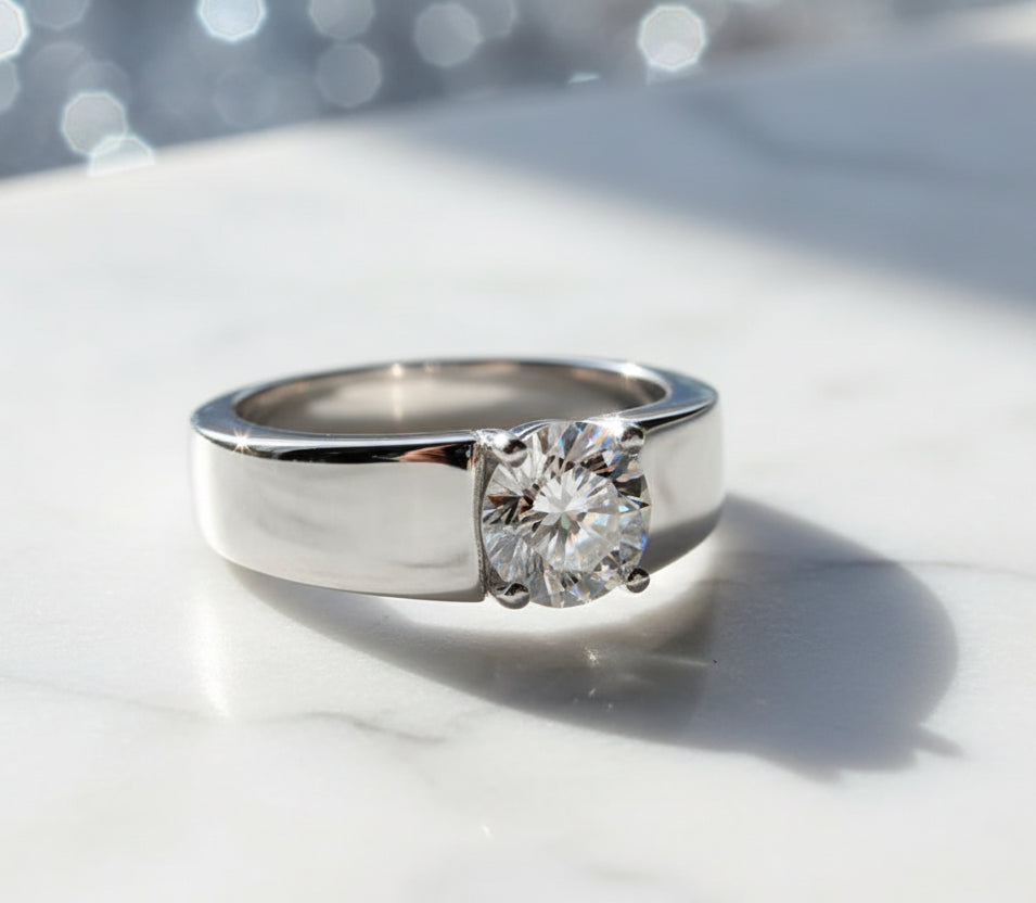 Moissanite Ring for Men/Women 925 Sterling Silver Plated White Gold. Classic Round Cut.