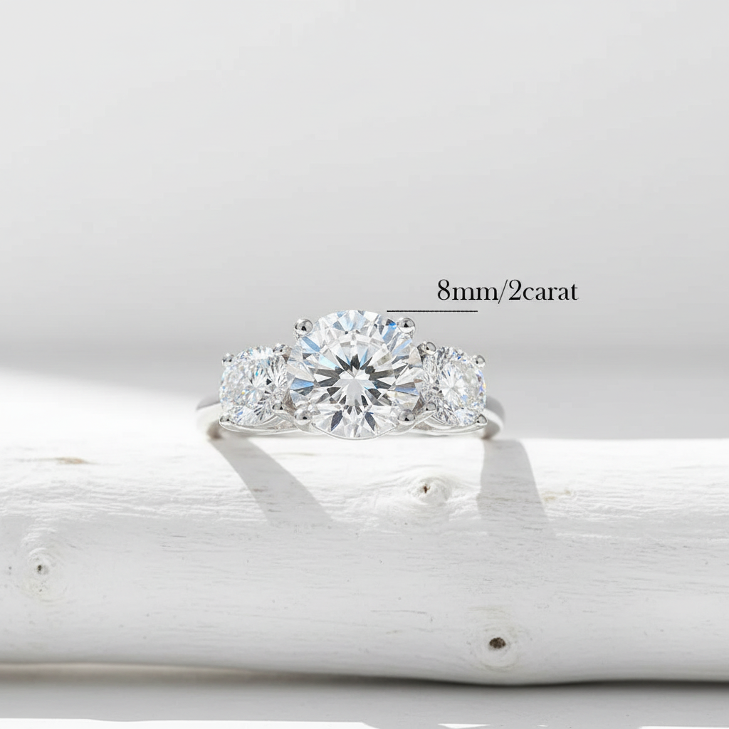 2-4 Crts Moissanite Diamond Ring. Three-Stones With Certificates. Sterling Silver 925 Plated White Gold