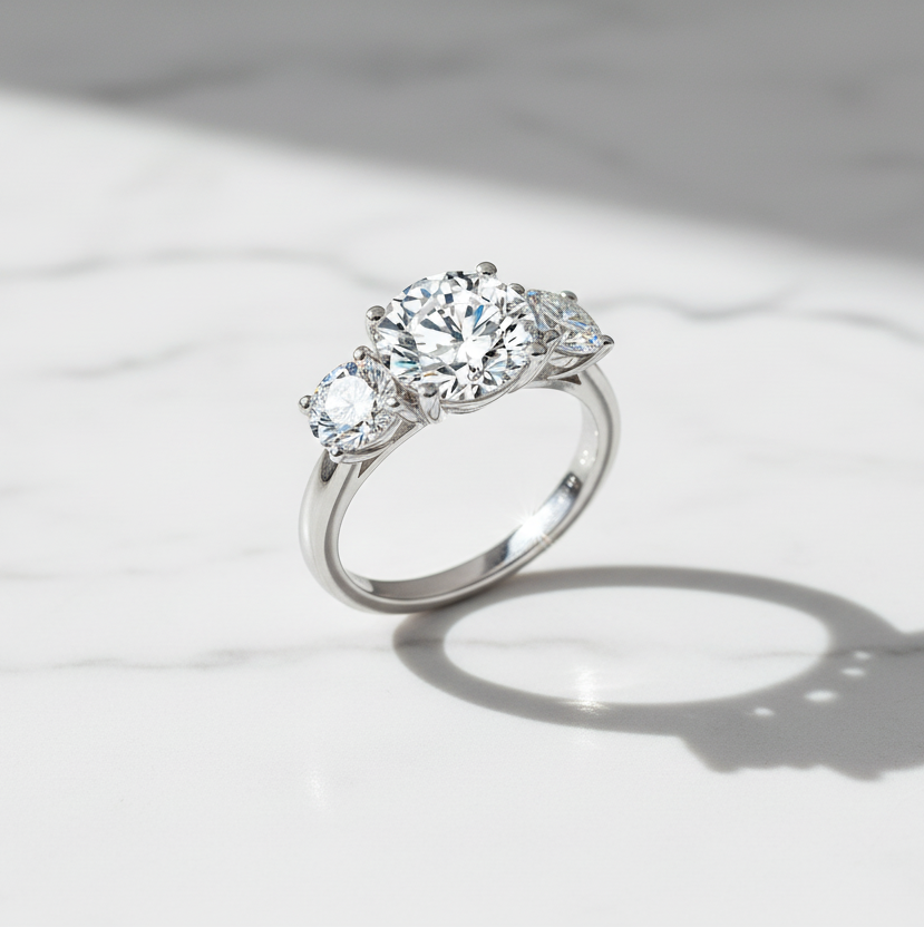 2-4 Crts Moissanite Diamond Ring. Three-Stones With Certificates. Sterling Silver 925 Plated White Gold